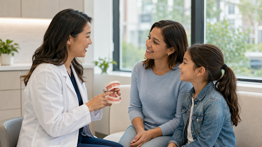 Dentist discussing preventive oral care with a parent and child in a modern dental office
