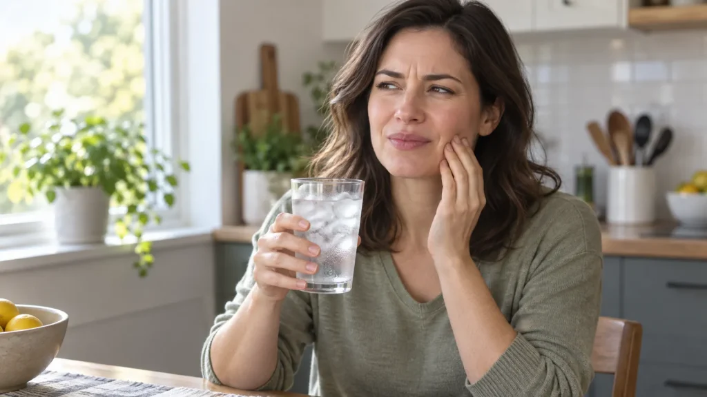 Woman holds a glass of iced water and touches her cheek with a concerned expression.
